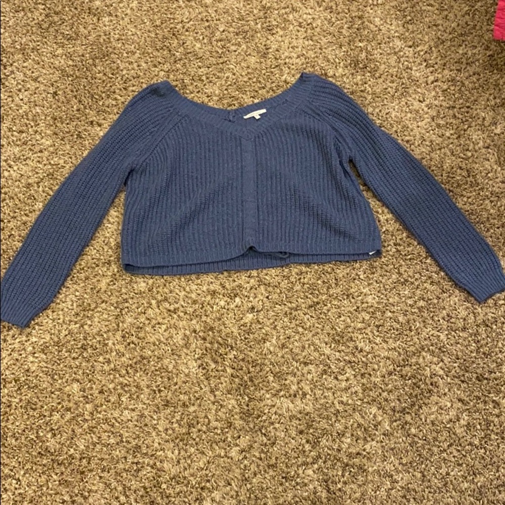 off the shoulder blue sweater